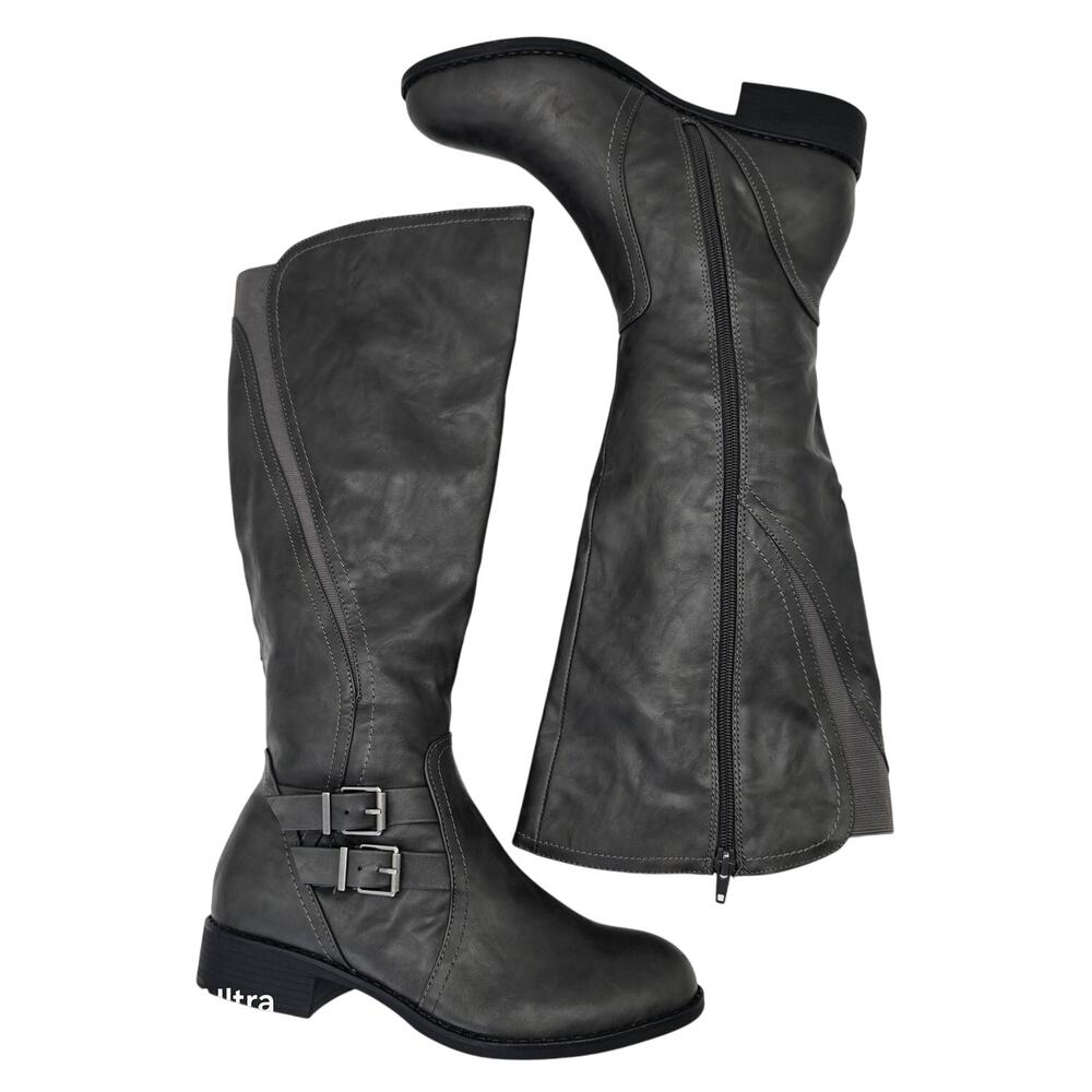 Style & Co Gray Riding Tall Boots Elastic Gore Faux Leather Buckle Zip Womens 9M